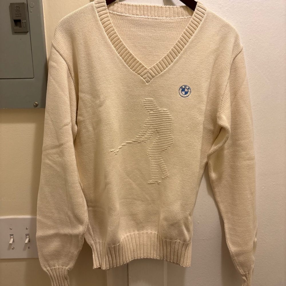 Vintage BMW Cream V-Neck Men's Golf knit v neck Sweater size large